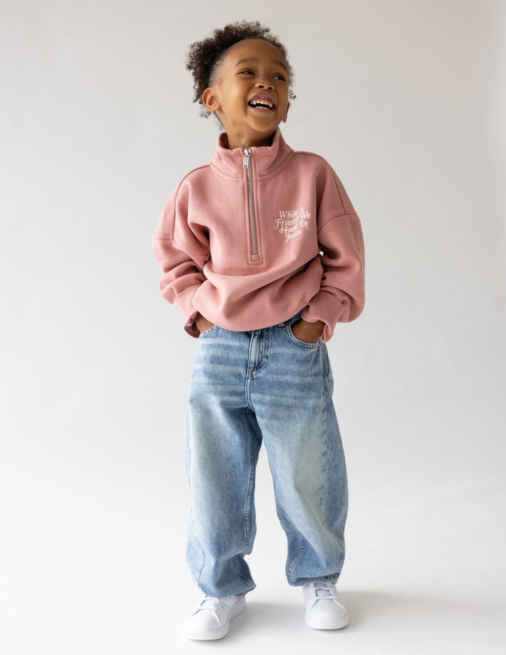 Kids mauve half-zip sweatshirt, front embroidery on a quarter-zip mock collar