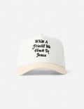 White trucker hat with “What a Friend We Have In Jesus” embroidered front text