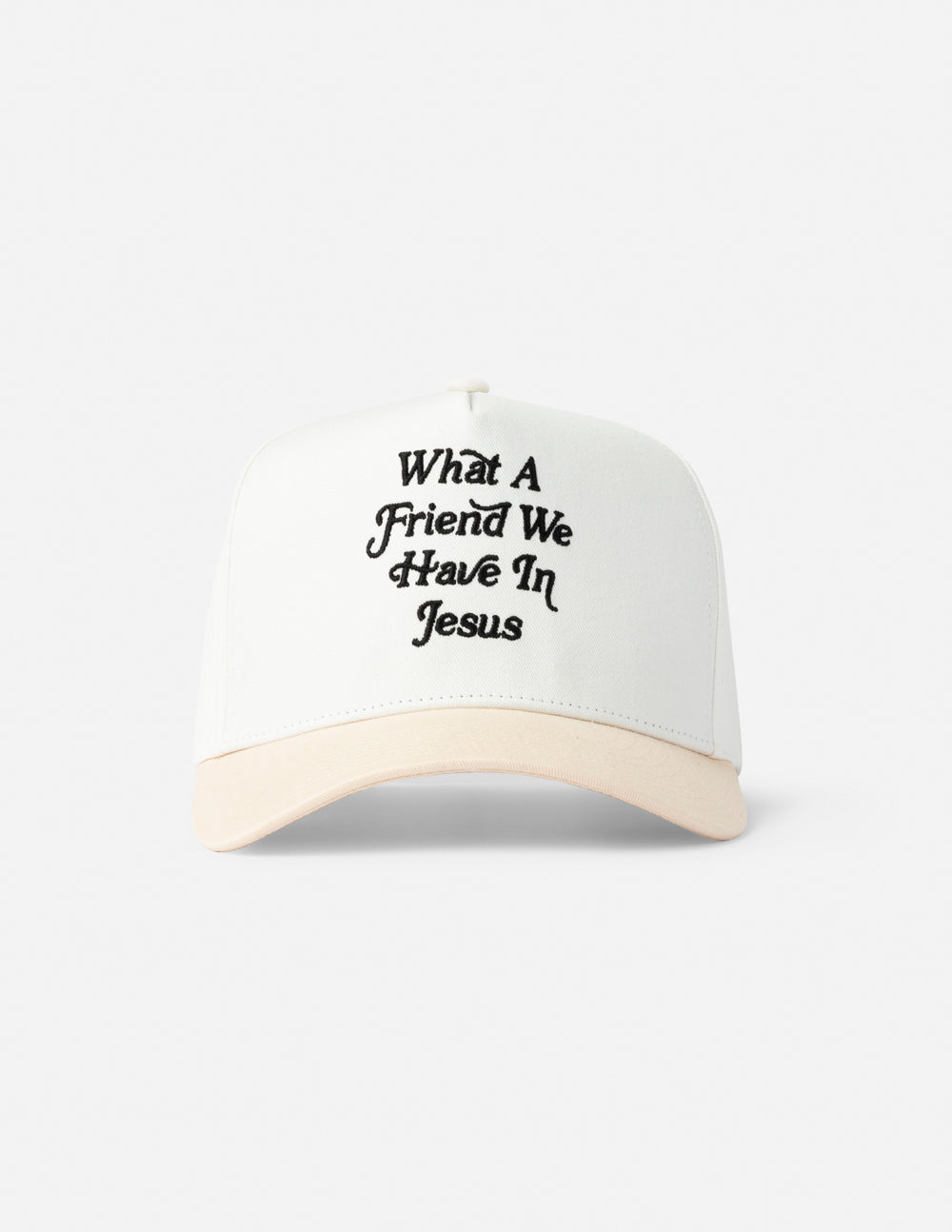 White trucker hat with “What a Friend We Have In Jesus” embroidered front text