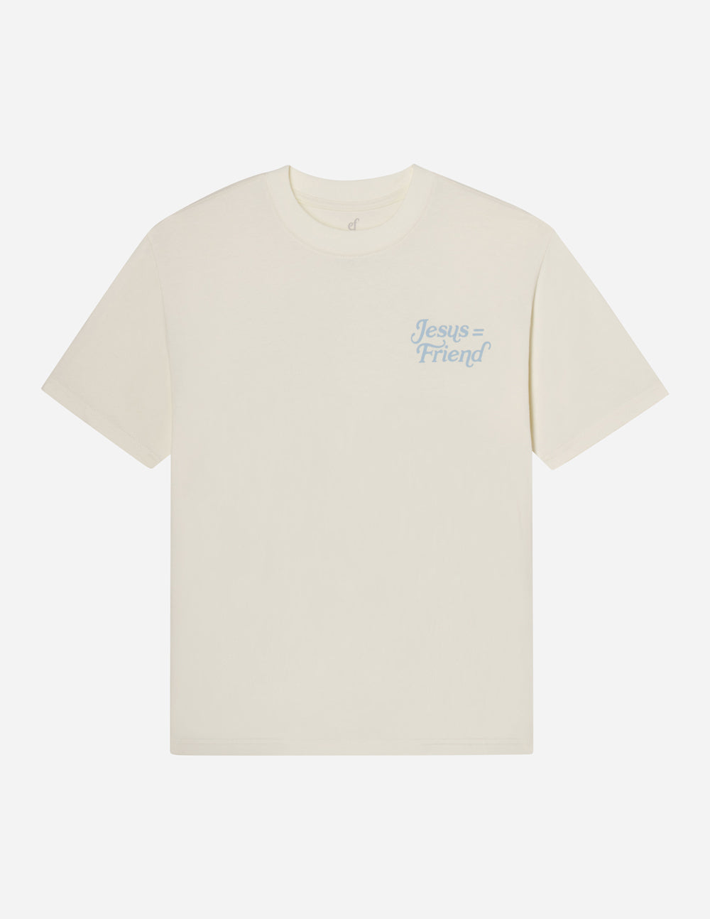 Cream unisex crew-neck tee with small 'Jesus Friend' text on front, short sleeves.