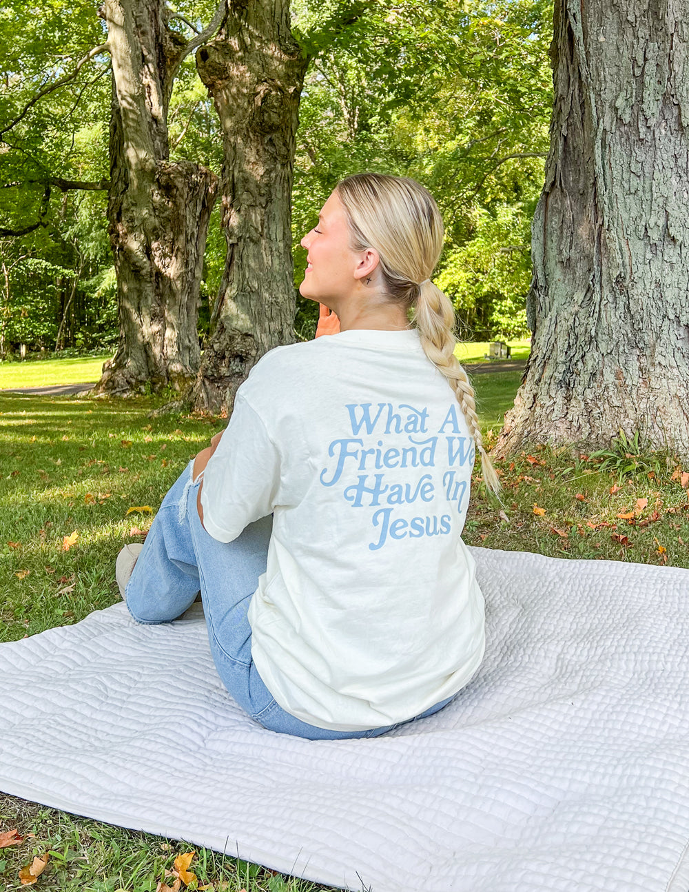 White unisex tee with 'What A Friend We Have In Jesus' text on back, short sleeves.
