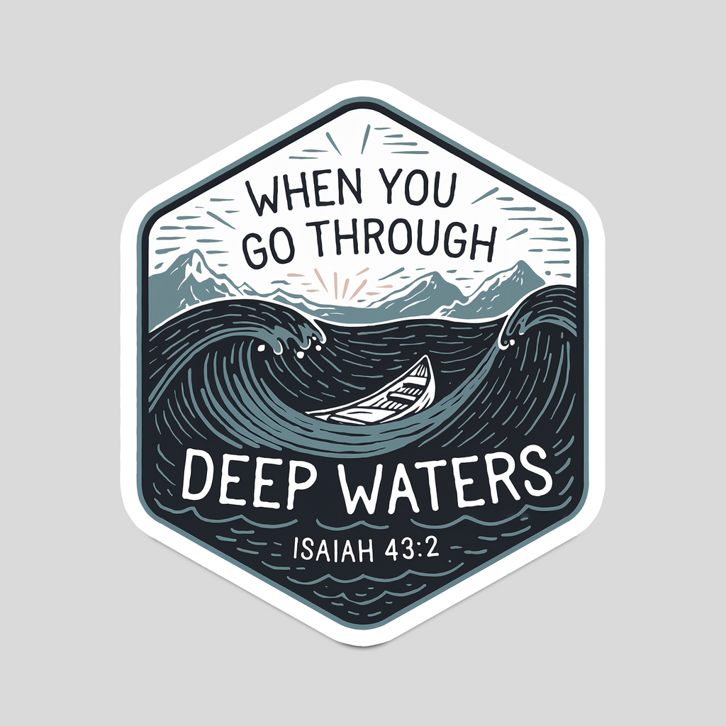 Christian bumper sticker with hex design, waves, sailboat, and Isaiah 43:2 text.