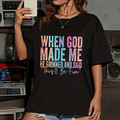 Black T-shirt with colorful stacked quote graphic text on the front, crew neckline