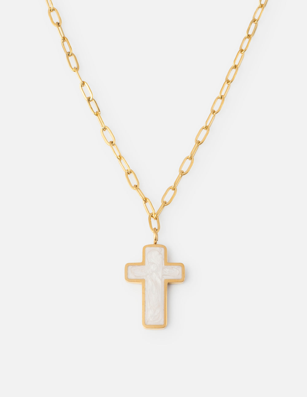 Gold cross necklace with white enamel cross pendant on link chain