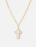Gold cross necklace with white enamel cross pendant on link chain