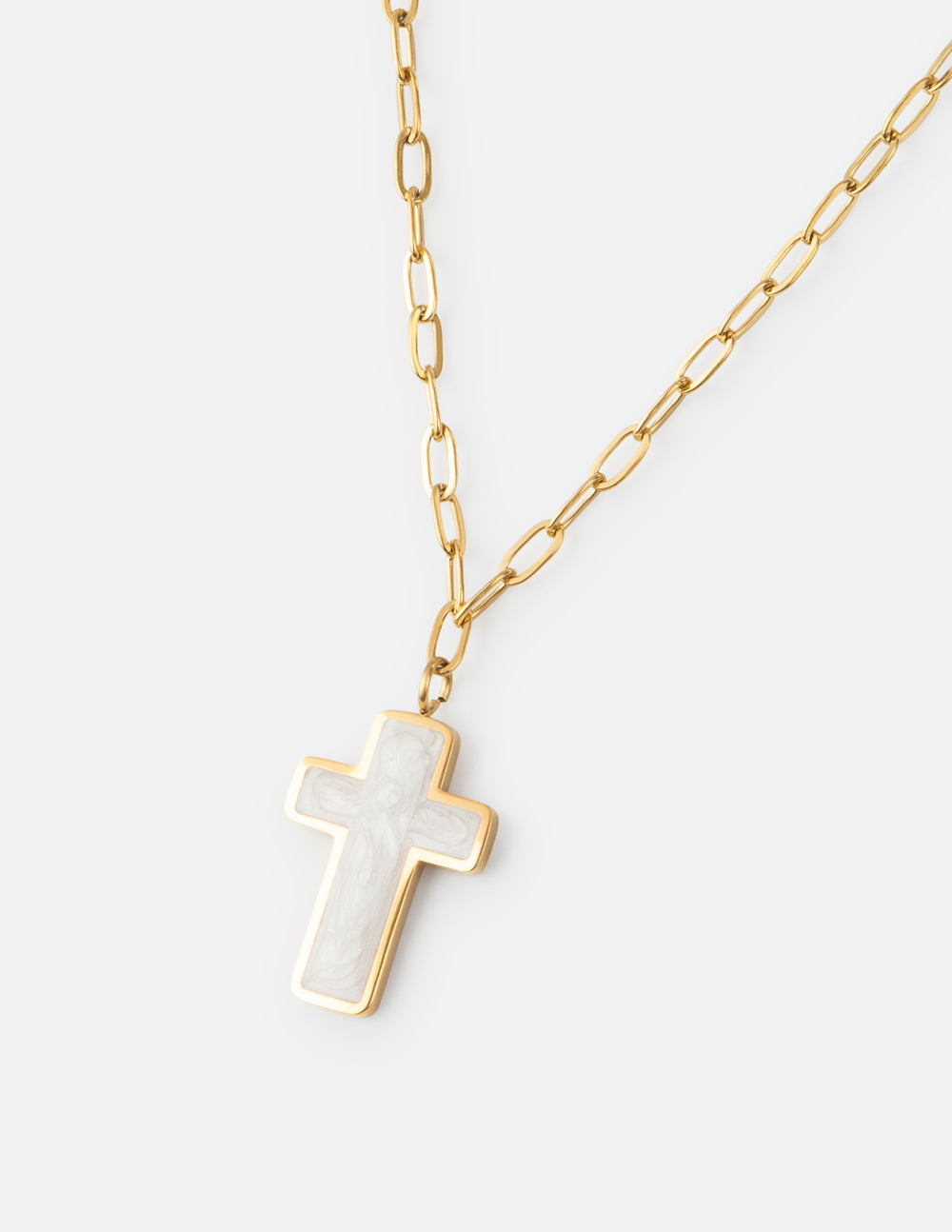 Gold cross necklace with white enamel cross pendant and link chain