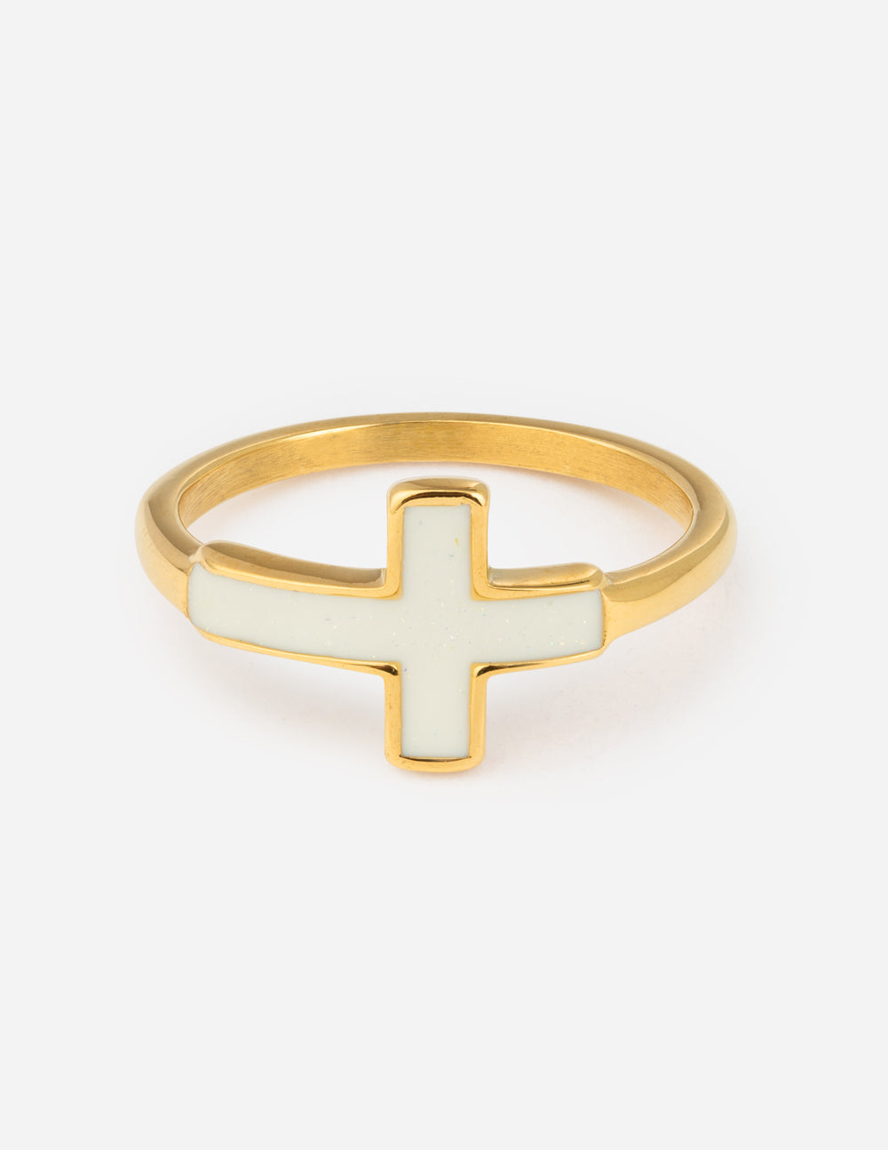 Gold cross enamel ring with white cross on slim band