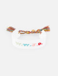 White braided friendship bracelet with tassels, embroidered WWJD on wrist strap