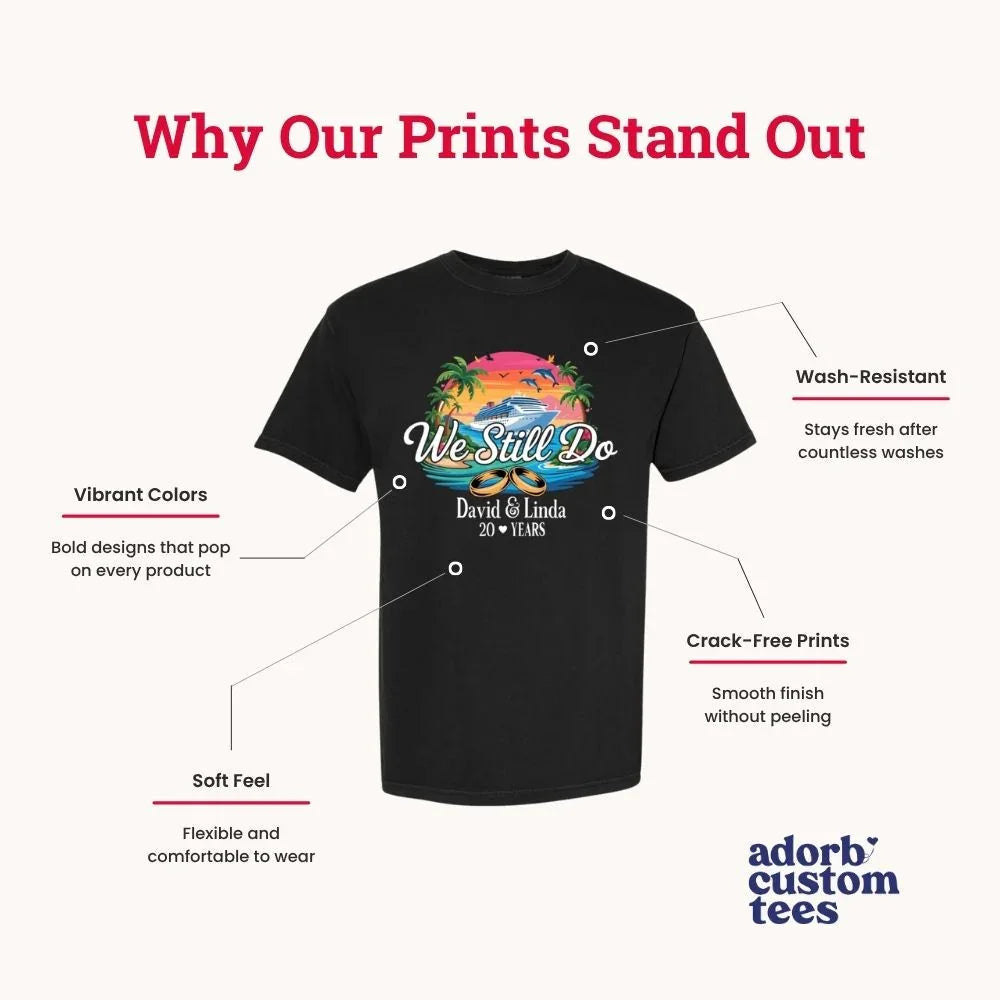 Black T-shirt product graphic featuring a chest print and quality callouts