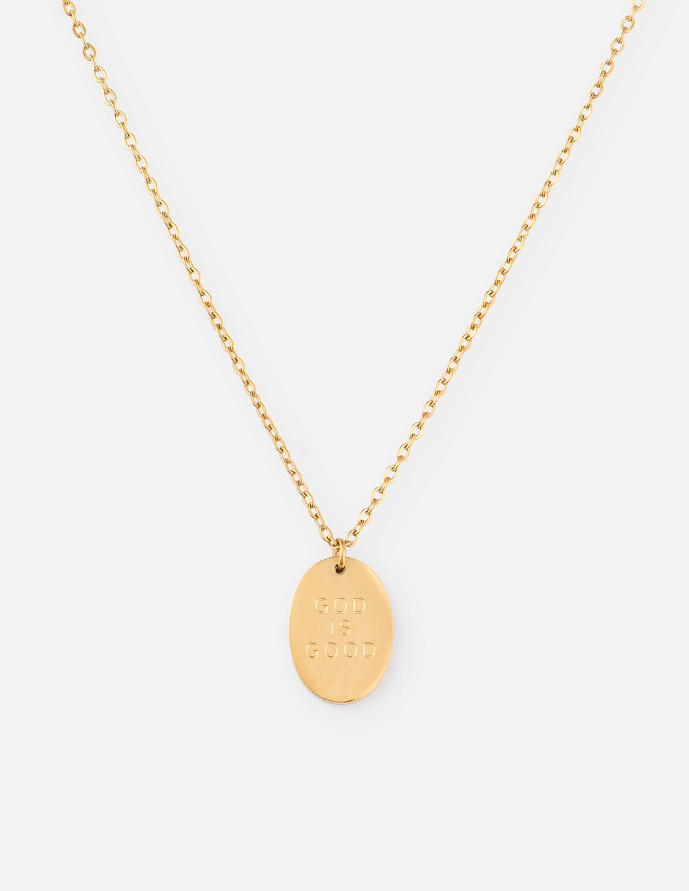 Gold-tone oval link necklace with oval engraved pendant charm at center