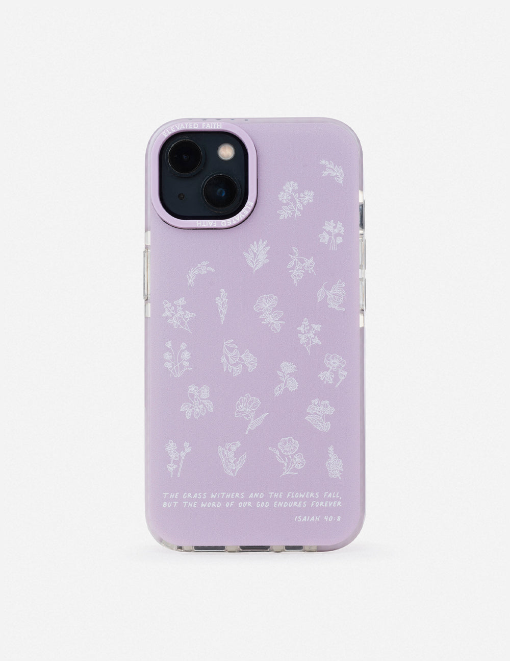 Lavender phone case with white wildflower pattern and camera cutout