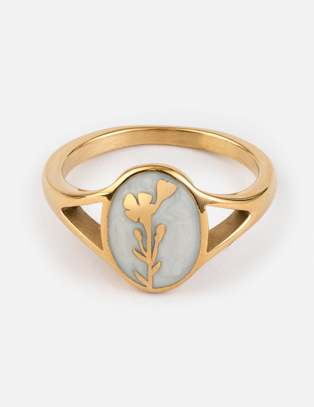 Gold-tone signet ring with oval cameo and butterfly motif