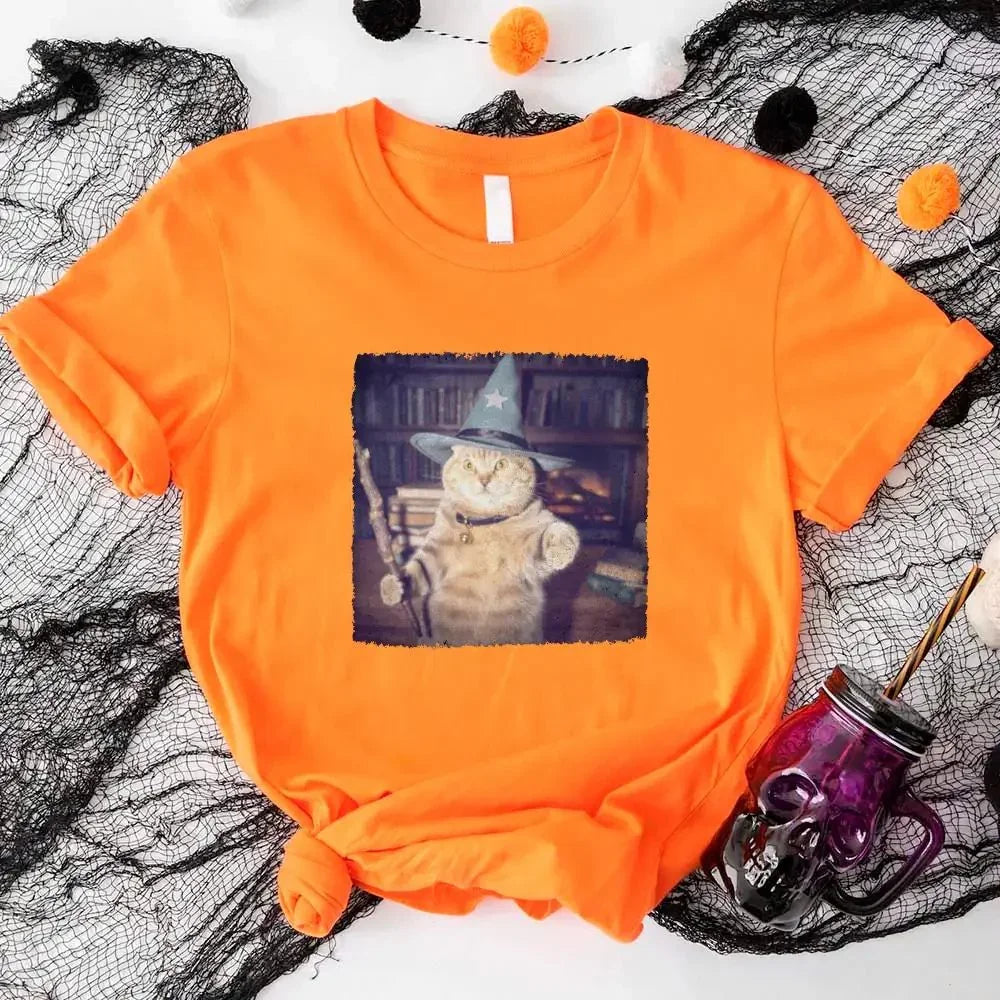 Bright orange Halloween cat graphic t-shirt with wizard-hat cat print
