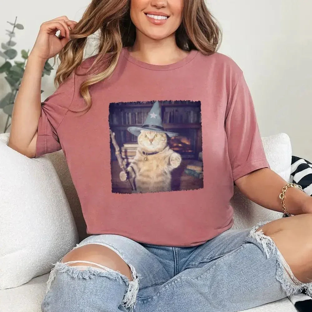 Mauve Halloween cat graphic t-shirt with wizard-hat cat print
