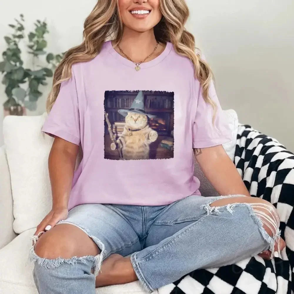 Lilac Halloween cat graphic t-shirt with wizard-hat cat print