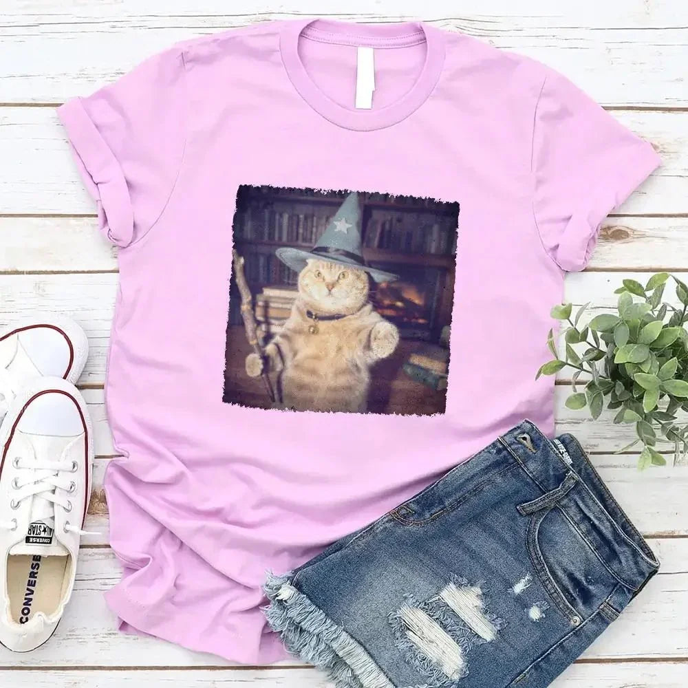 Light purple Halloween cat graphic t-shirt with wizard-hat cat print
