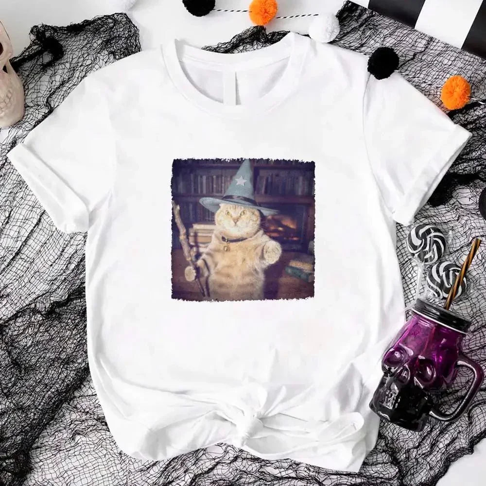 White Halloween cat graphic t-shirt with wizard-hat cat print