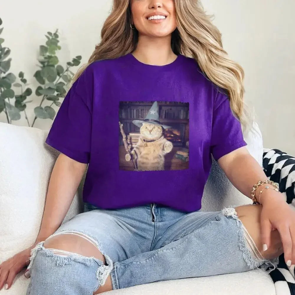 Purple unisex Halloween cat wizard graphic T-shirt with square printed cat scene