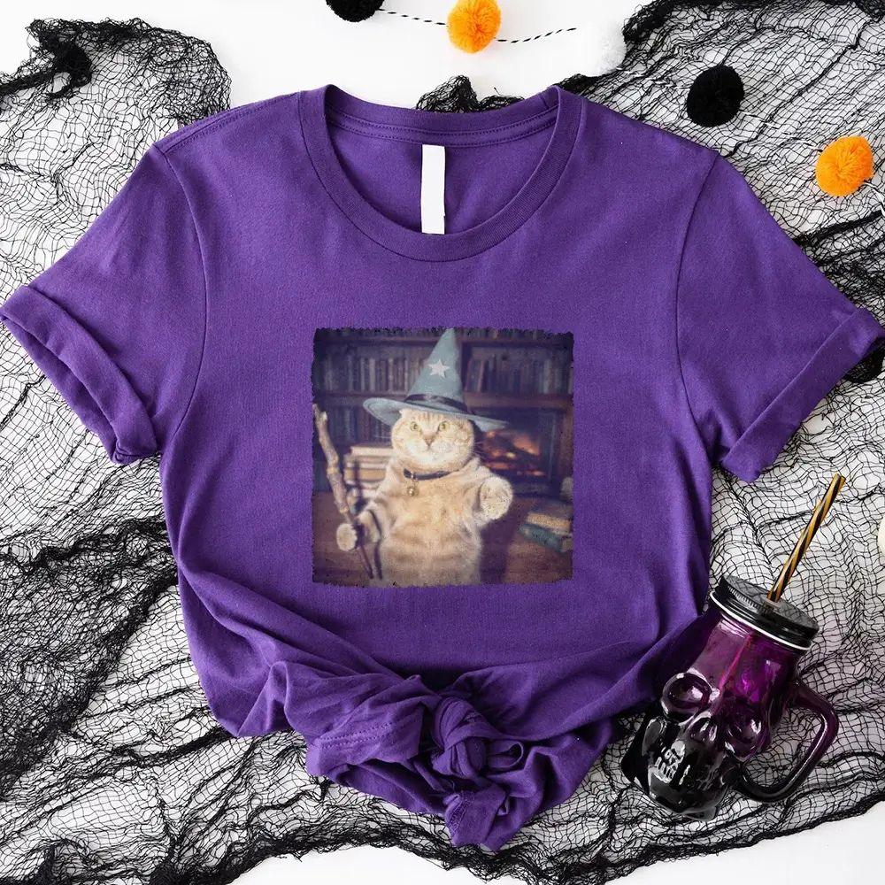 Purple cat wizard Halloween graphic tee with square printed cat in robe and hat