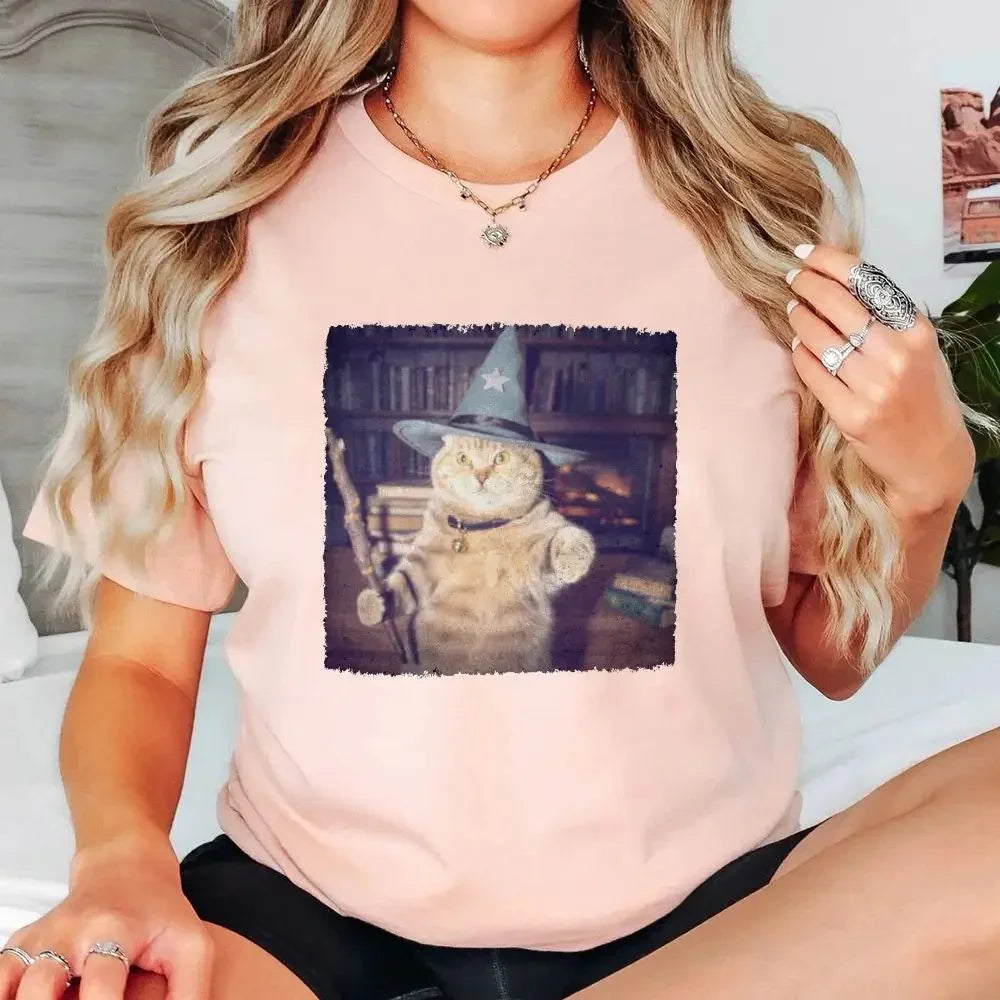 Light pink Halloween cat graphic t-shirt with wizard-hat cat print