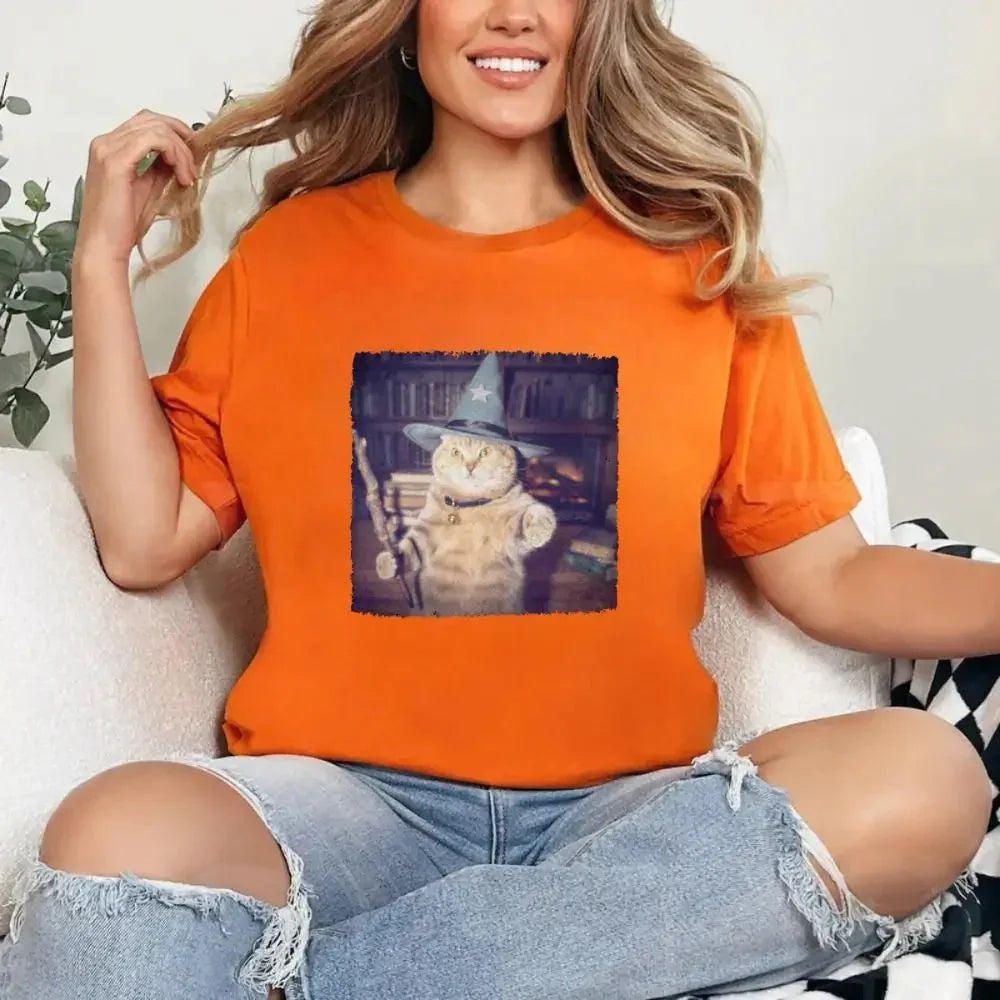 Orange Halloween cat graphic t-shirt with wizard-hat cat print