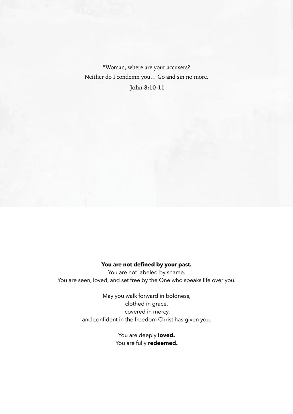 Greeting card inside text with "John 8:10-11" and verses about redemption