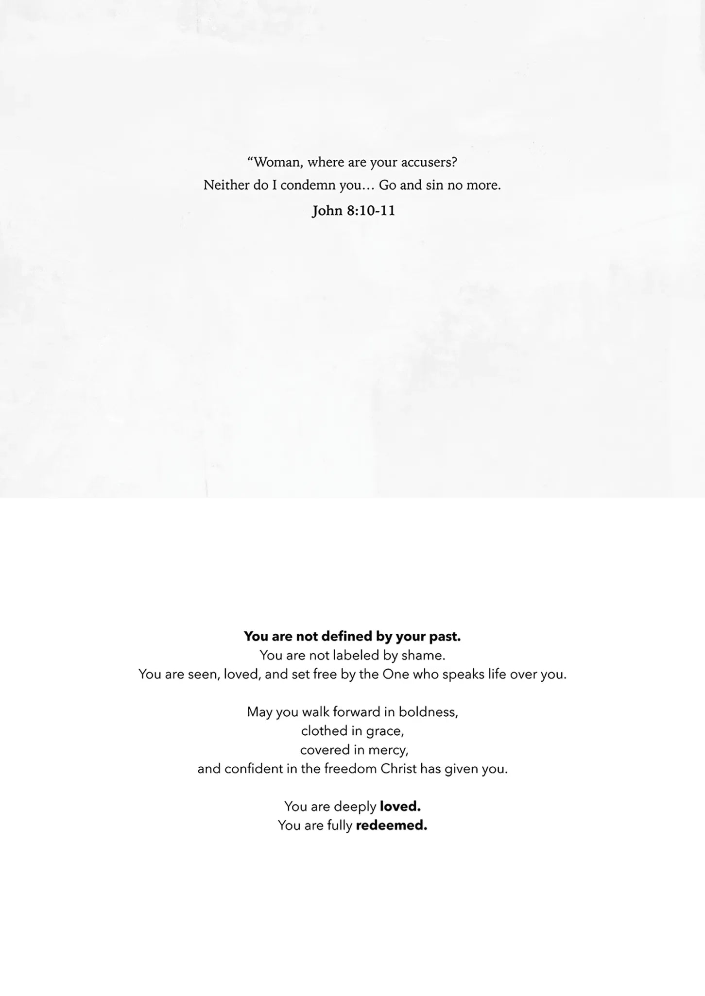 Greeting card inside text with "John 8:10-11" and verses about redemption