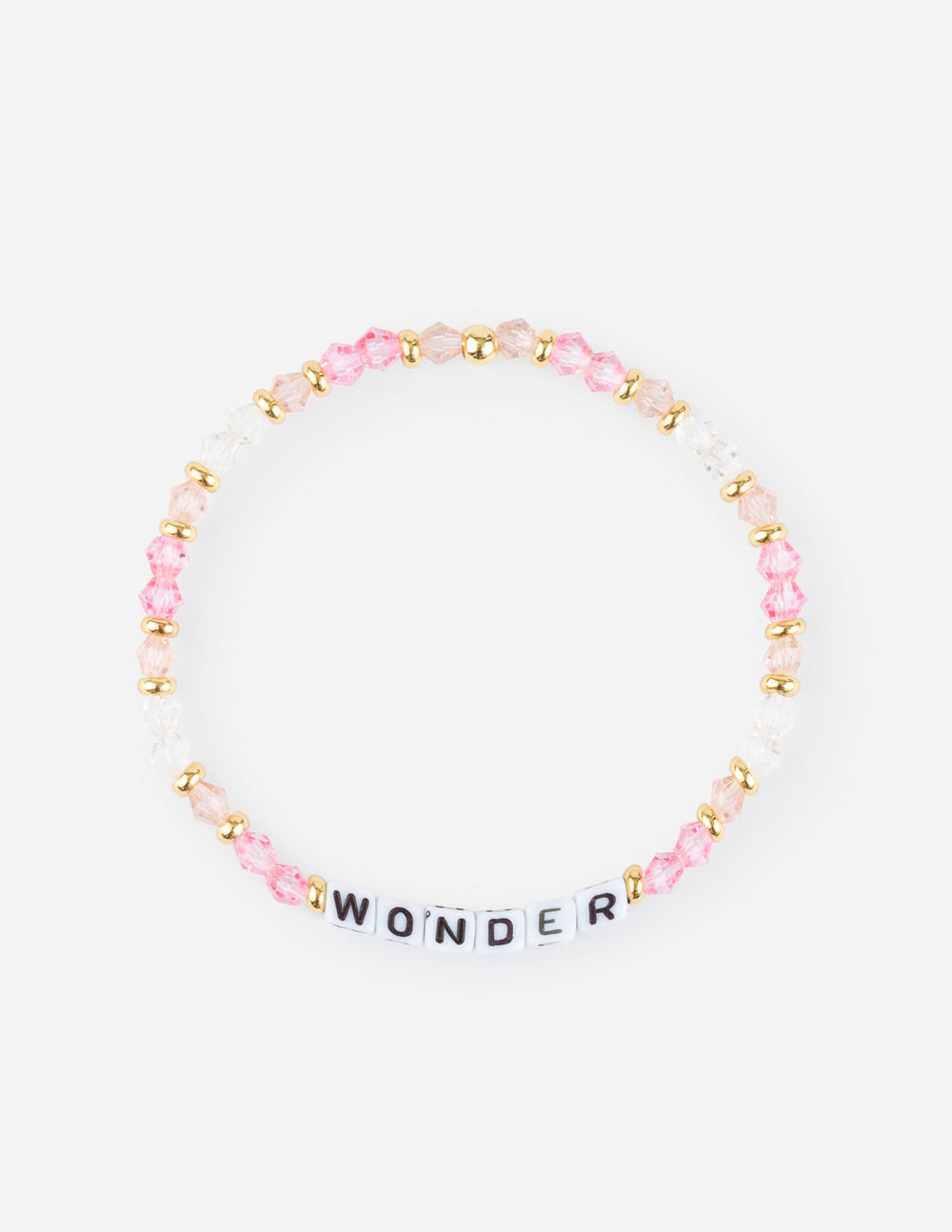 Letter bracelet with pink and gold beads and a WONDER charm at center