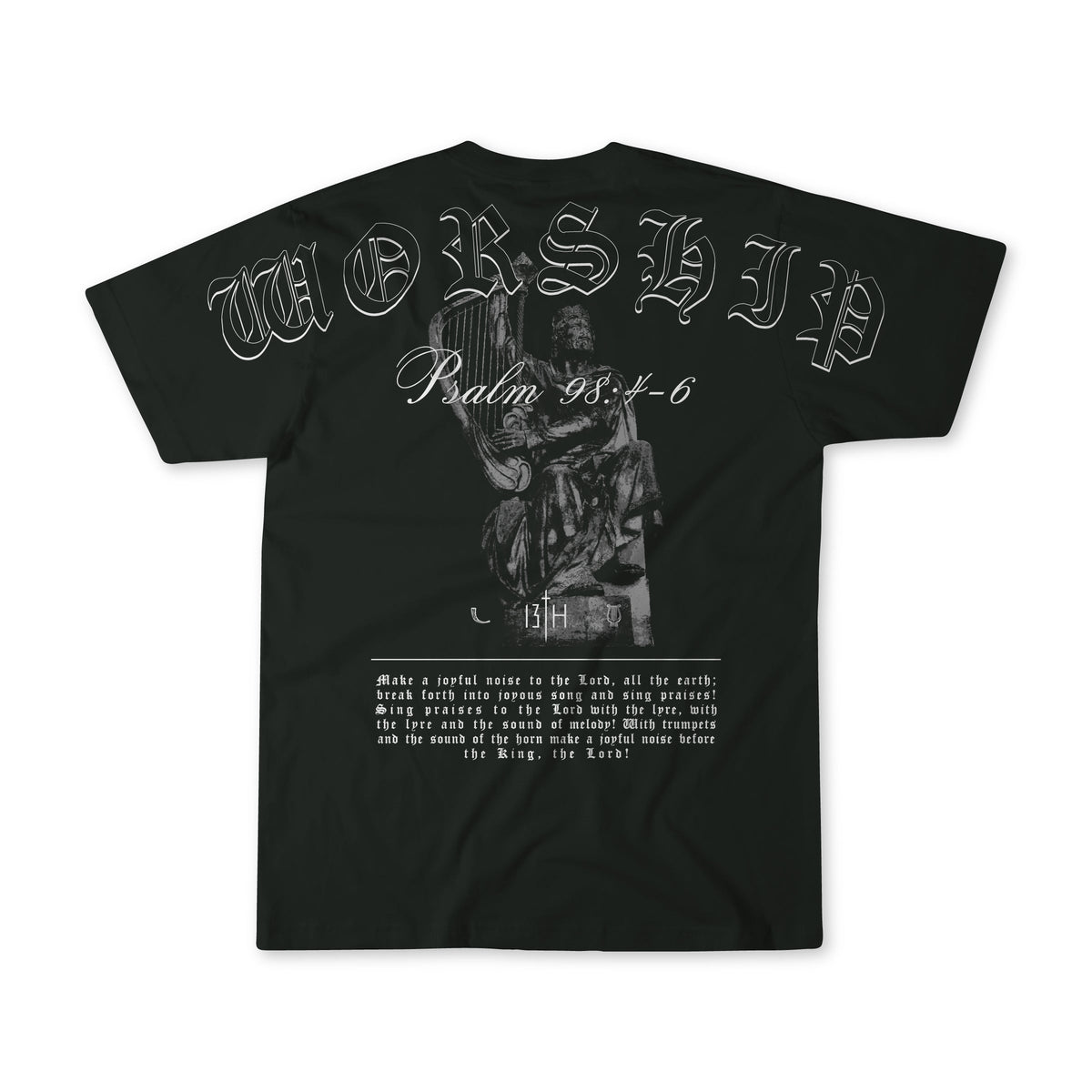 Black oversized tee with large front graphic: portrait illustration and ornate lettering.