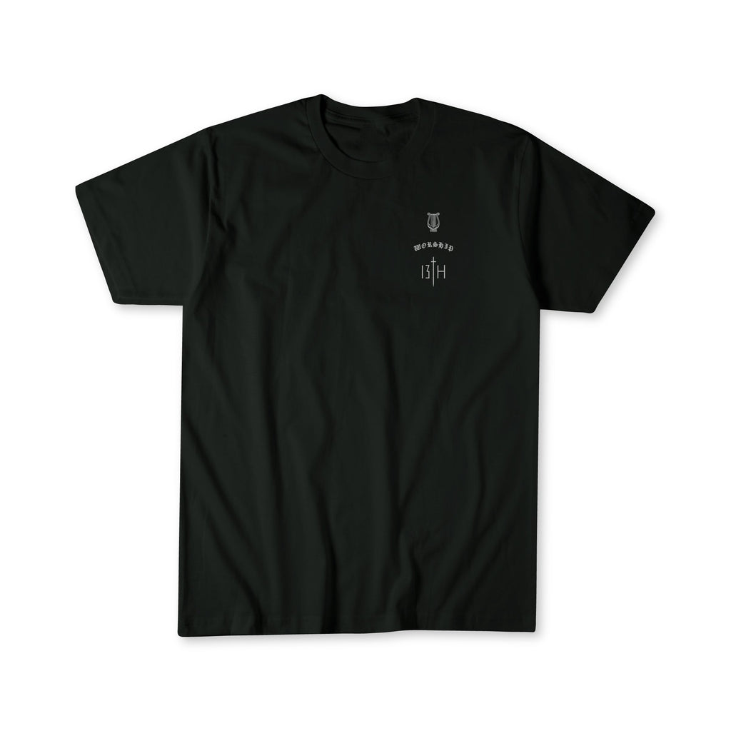 Black worship T-shirt with small chest emblem and text