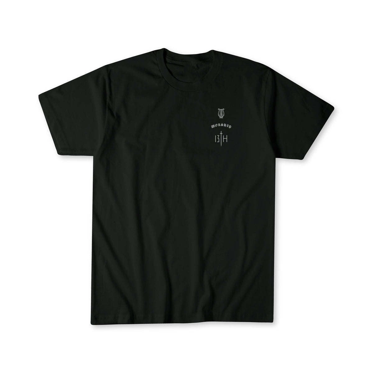 Black worship T-shirt with small chest emblem and text