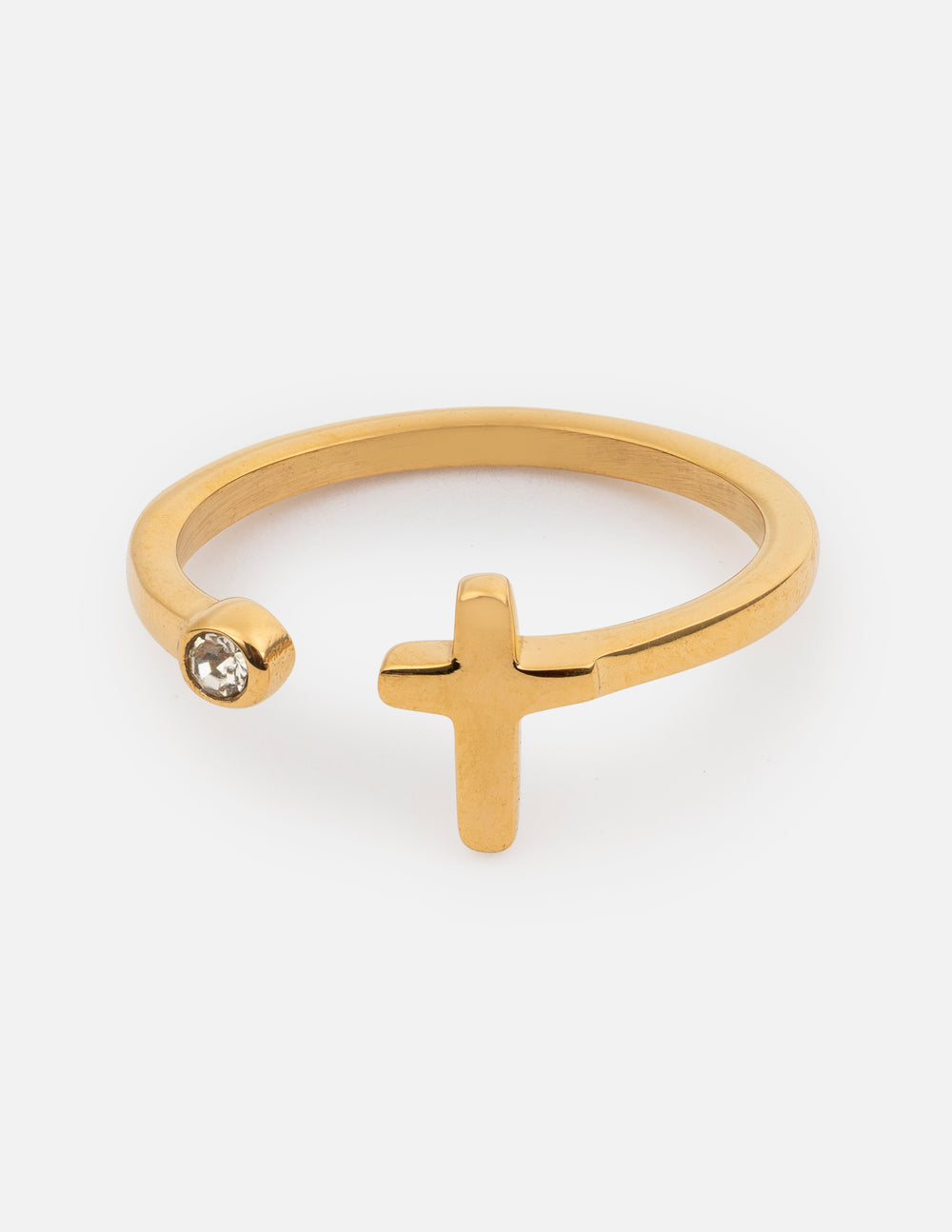 Gold wrap-style cross ring with small round gem