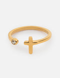 Gold wrap-style cross ring with small round gem
