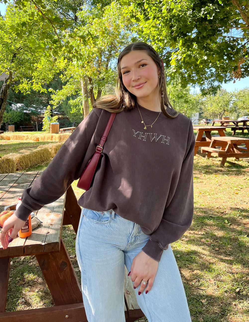 Unisex crewneck sweatshirt, dark brown, YHWH chest logo, long sleeves