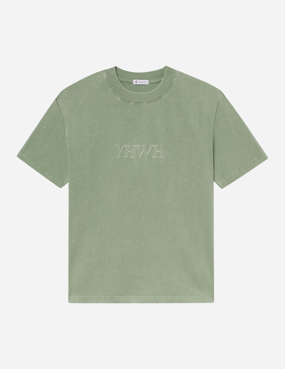 Sage green unisex T-shirt with centered YHWH logo on chest.