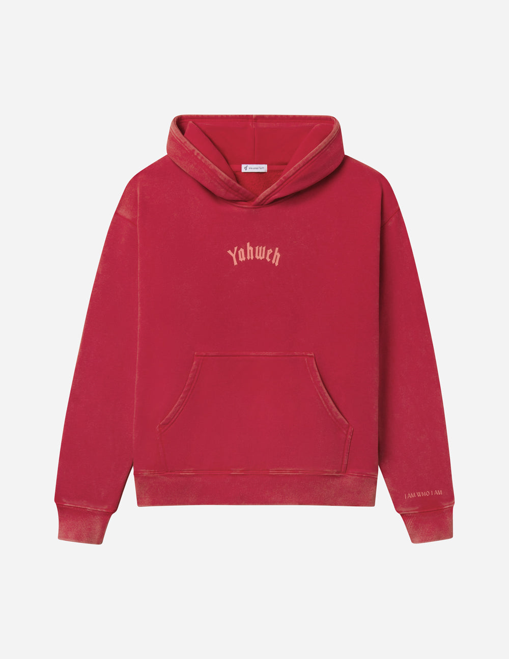 Red unisex hoodie front view with hood and kangaroo pocket, chest logo.