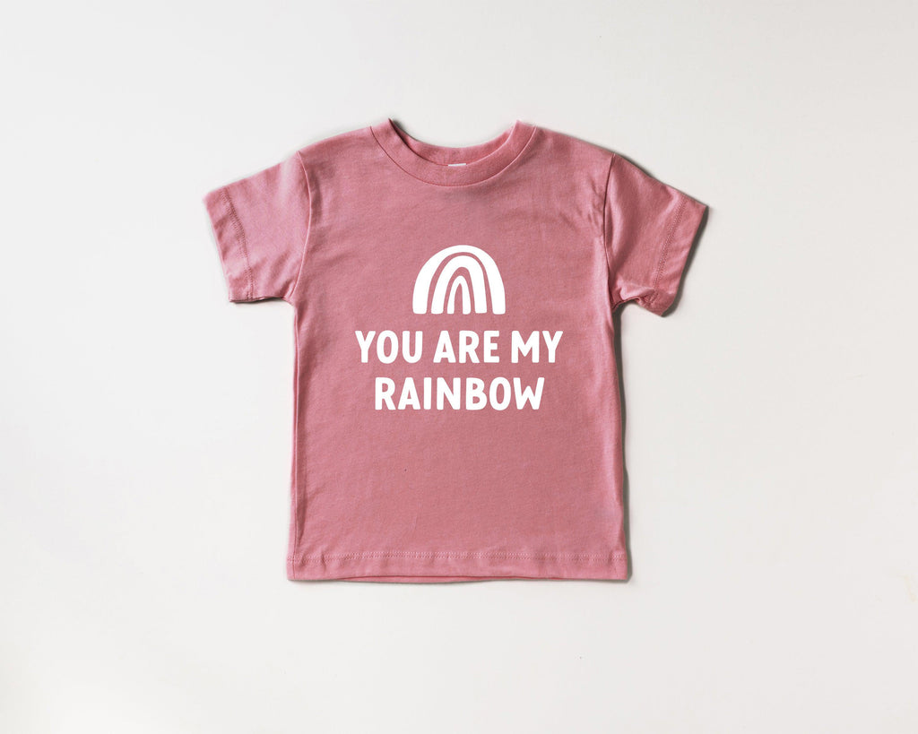 Baby and toddler organic cotton tee, rose pink with rainbow graphic and slogan