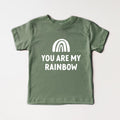 Baby and toddler organic cotton tee, thyme green with rainbow graphic and slogan