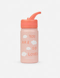Kids water bottle, pink with orange flip-top lid and "You are so loved" print.