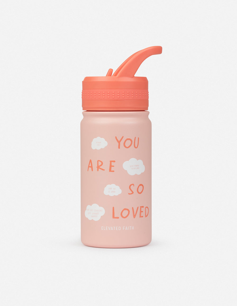Kids water bottle, pink with orange flip-top lid and "You are so loved" print.