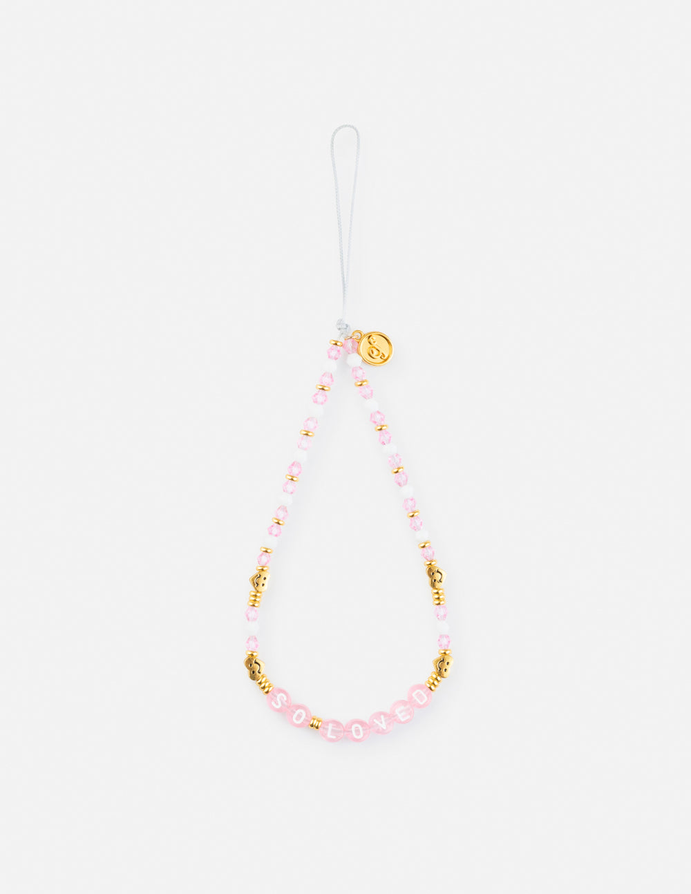 Pink and gold beaded phone charm strap with round gold center charm