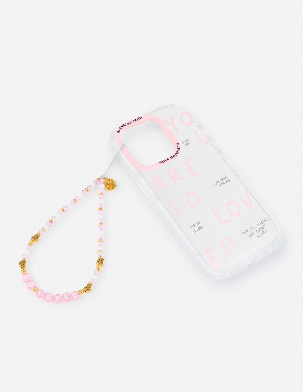 Transparent phone case with pink and gold beaded charm strap attached