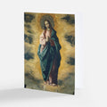 Religious art print of a robed woman holding prayer, surrounded by clouds