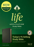 Leather study bible cover with "Life Application" text and NLT logo, third edition