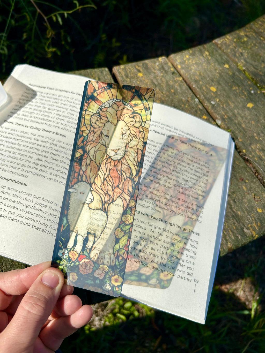 Colorful portrait bookmark with lion-and-lamb illustration, placed in an open book