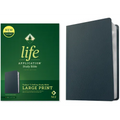 Navy blue leather study Bible with green “Life Application” cover design