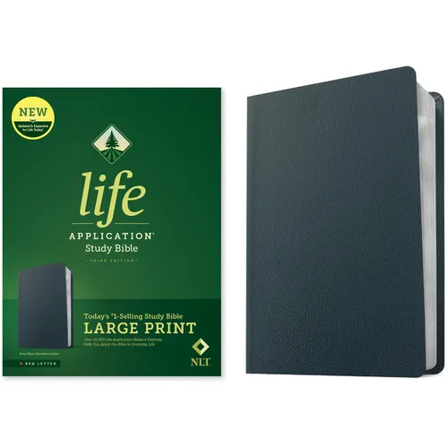 Navy blue leather study Bible with green “Life Application” cover design