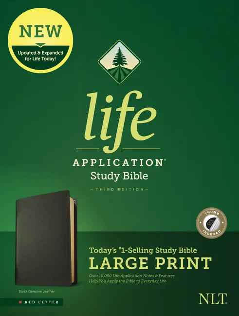 Life Application Study Bible in large print, black genuine leather cover with red-letter text