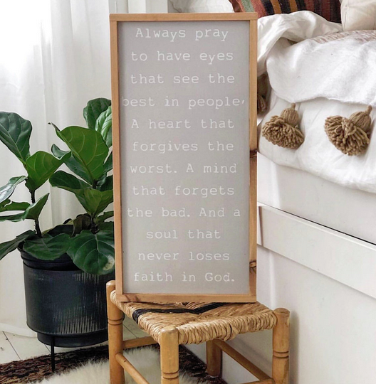 Framed wooden faith sign with gray panel and easel base, white lettering