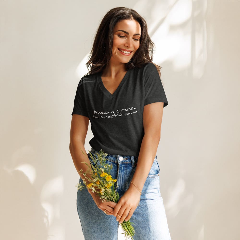 Women’s relaxed v-neck faith t-shirt, dark gray heather, short sleeves, printed message on chest